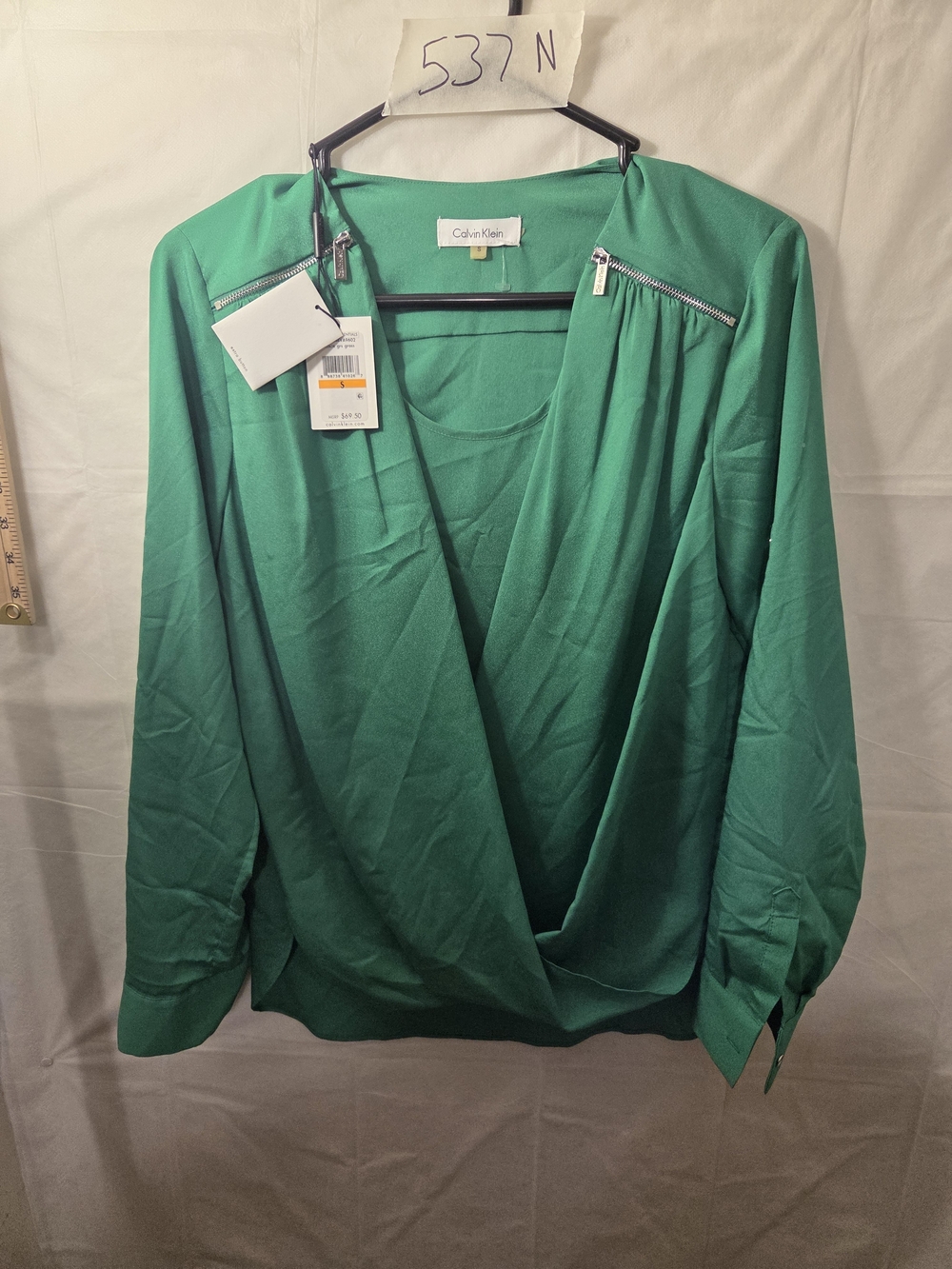 Calvin Klein Emerald Green Draped Wrap-Front Blouse with Zip Shoulders
